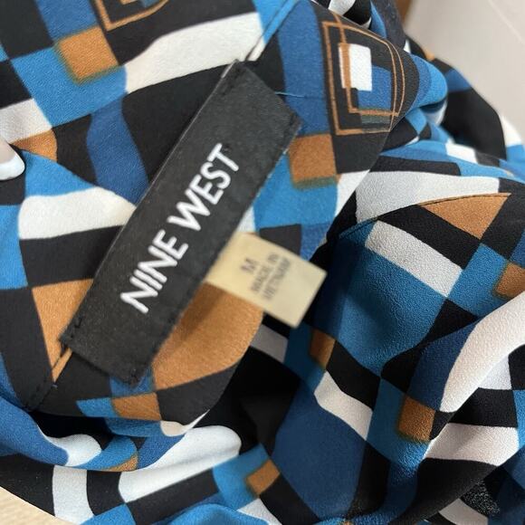 Nine West Blouse Tunic size Medium Blue Brown Bow Neck Tie Career Modest Church - Picture 8 of 8